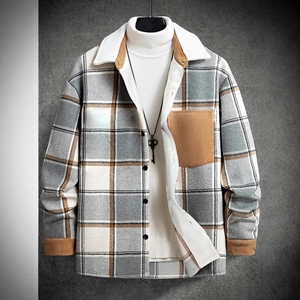 Detail of plaid shirt jacket with faux shearling collar and corduroy pocket accents