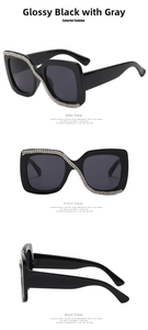 Three views of square oversized black sunglasses with sparkling rhinestone S-curve temples