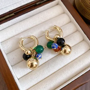 Vintage beaded grape cluster hoop earrings with colorful stones on gold plating