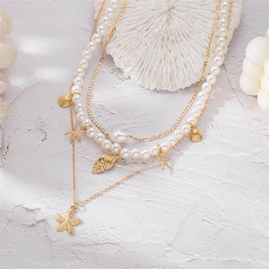 Vintage multilayer shell and pearl necklace with starfish pendant for summer beach wear