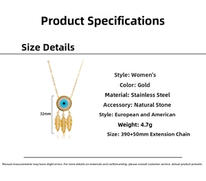 Detail specifications of golden stainless steel devil eye necklace with leaf charms
