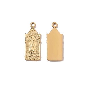 Detailed front and back view of gold-plated Virgin Mary pendant with mirror finish