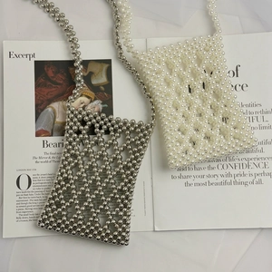 Handmade Beaded Crossbody Bag For Women Hollow Out Metallic Faux Artificial Pearl Cell Phone Pouch Woven Mini Elegant Beach Bag