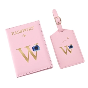 Pink PU leather travel passport holder and luggage tag set with gold letter W design