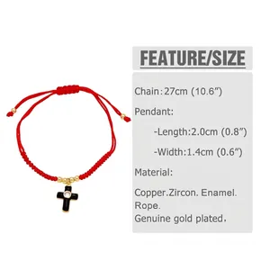 Detailed size chart showing red rope bracelet length and enamel cross pendant dimensions