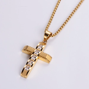 Men Hip Hop Cross Pendant Necklace 316L Stainless Steel With Square Zircon Inlay Polished Streetwear Jewelry