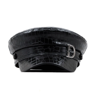 Faux leather black newsboy hat with crocodile texture and silver D-letter buckle