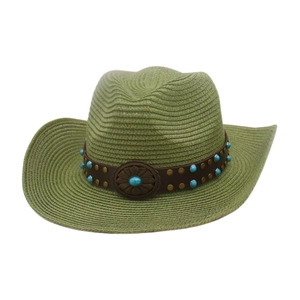 Close-up of green straw cowboy hat with turquoise beads and floral metal buckle detail