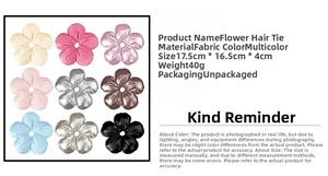Detailed size chart and multi-color selection for large fabric flower hair scrunchies