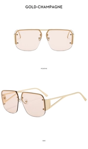 Detail of gold-champagne half-rim sunglasses with unique hollow triangle geometric temples