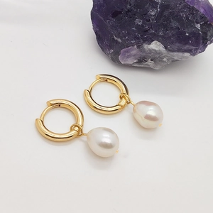 French vintage style natural pearl drop earrings in gold finish with amethyst accent