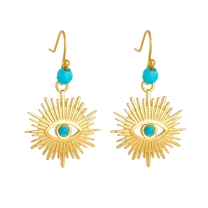 Bohemian gold sun-eye drop earrings with turquoise beads on a clean white background