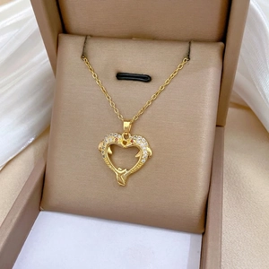 Elegant gold heart dolphin necklace with white crystals and red zircon in gift box