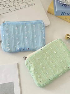 Sequin chiffon flower coin purse with 3D mesh ruffles in light blue and mint green