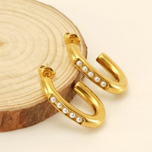 French style 18K gold plated stainless steel U-shaped hoop earrings with pearls