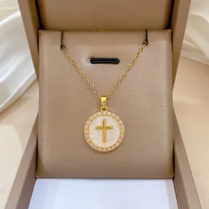 Cross Pendant Necklace Gold Plated Stainless Steel Copper Mother Of Artificial Pearl Round Medallion Elegant Religious Jewelry