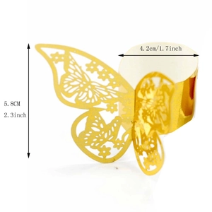 Detailed dimensions of a hollow gold glitter butterfly napkin ring on a white background