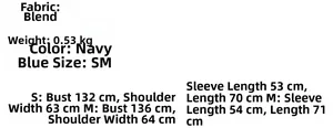 Detailed size chart for striped polo knit sweater in navy blue with fabric specifications