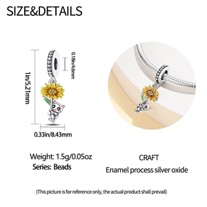 Cat and sunflower charm bead in silver and enamel for DIY bracelets with dimensions