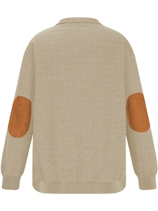 Detailed back view of khaki knit sweatshirt featuring decorative brown faux suede elbow patches