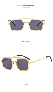 Front and side views of gold geometric metal sunglasses with grey lenses and double bridge