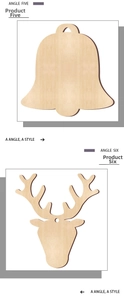 Detail of laser-cut wooden Christmas ornaments in bell and reindeer head shapes
