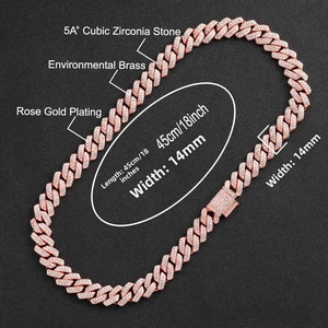 Detailed macro view of 14mm rose gold Cuban link necklace with 5A+ cubic zirconia stones