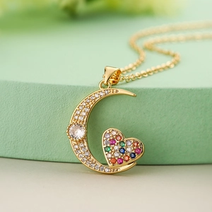 18K gold plated moon and heart pendant necklace with sparkling colorful cubic zirconia