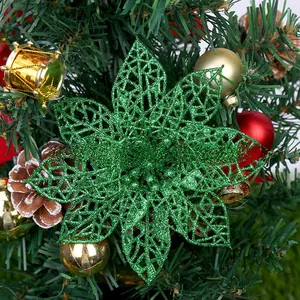 Sparkling green glitter poinsettia flower ornament for Christmas tree and wreath decor