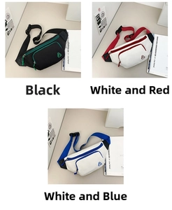Nahaufnahme sportlicher Brusttaschen in Schwarz, Weiß-Rot und Weiß-Blau aus festem Nylon