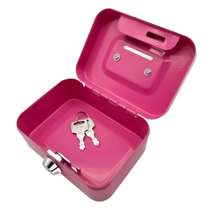 Pink metal cash box with hinged lid, coin slot, and two silver keys with number 166