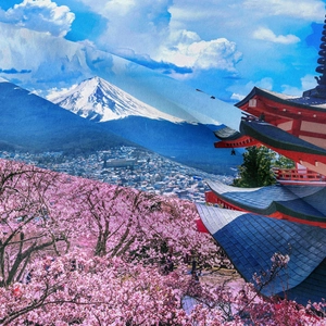 Detailed close-up showing soft fabric texture of Mt Fuji and cherry blossom tapestry