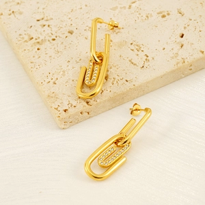 Gold plated stainless steel paperclip earrings with cubic zirconia pavé detailing