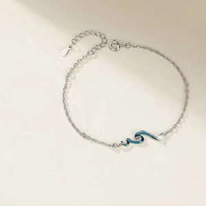 Romantic mountain and sea wave couple bracelets with blue drip oil charms in silver finish