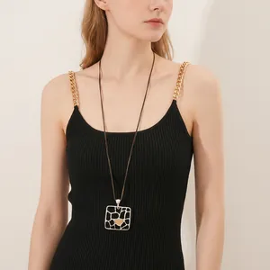 Hollow Square Pendant Necklace Alloy Copper Geometric Matte Long Sweater Chain Fashion Jewelry For Women