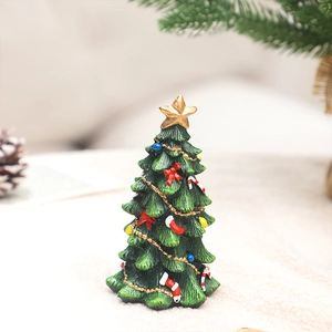 Mini resin Christmas tree with gold star and colorful ornaments for desktop decor