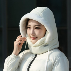 Winter windproof padded hood with neck warmer and white faux fur lining in beige
