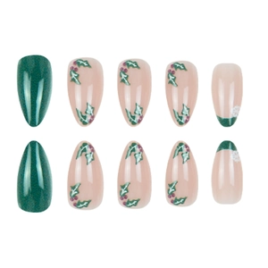 Christmas almond press-on nails with dark green glitter, holly patterns and snowflakes