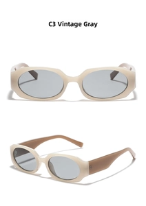Front and side view of narrow square sunglasses with retro grey lenses and cream frames