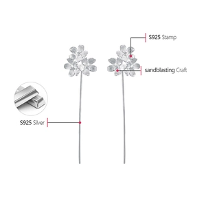 Detailed S925 sterling silver dangle earrings with sandblasted floral design and S925 stamp