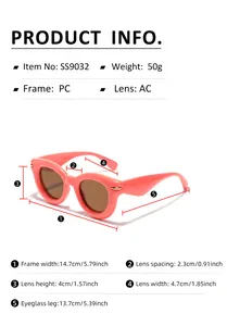 Detailed size chart showing dimensions for trendy cat eye sunglasses with rivets