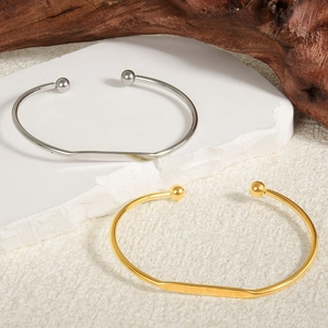 Minimalist 18k gold and silver stainless steel open bangles with spherical ends