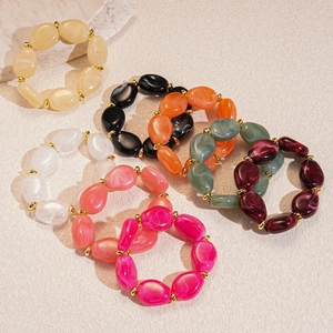 Multicolor acrylic oval bead bracelets with elegant gold metal ring spacers