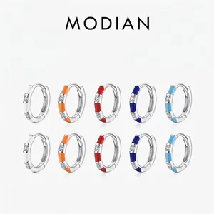 925 Sterling Silver Hoop Earrings Colorful Enamel Cubic Zirconia Huggie Geometric Modern Fashion Jewelry For Women