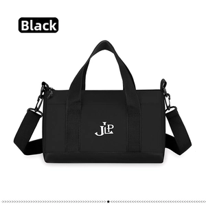 Detail of black nylon crossbody bag with JLP logo and reinforced handles on white background