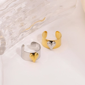 Two-tone stainless steel heart rings with gold and silver polished finishes and open bands