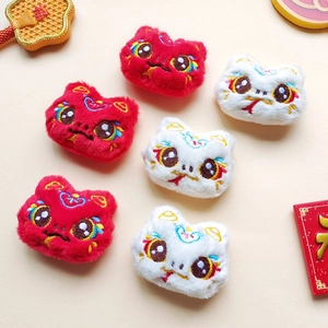 Handmade Chinese New Year lion dance plush accessories in red and white embroidery