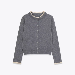Women Knit Cardigan Sweater Lace Trim Round Neck Long Sleeve Button Up French Retro Elegant Grey Top
