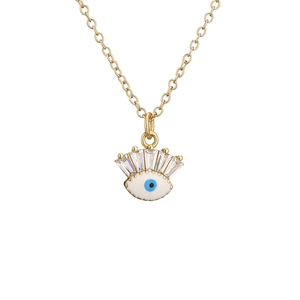 Gold evil eye necklace with white enamel and blue zircon stones on white background
