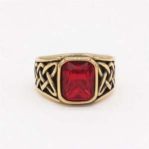 Vintage Viking style gold plated steel ring with rectangular red gemstone and Celtic knots